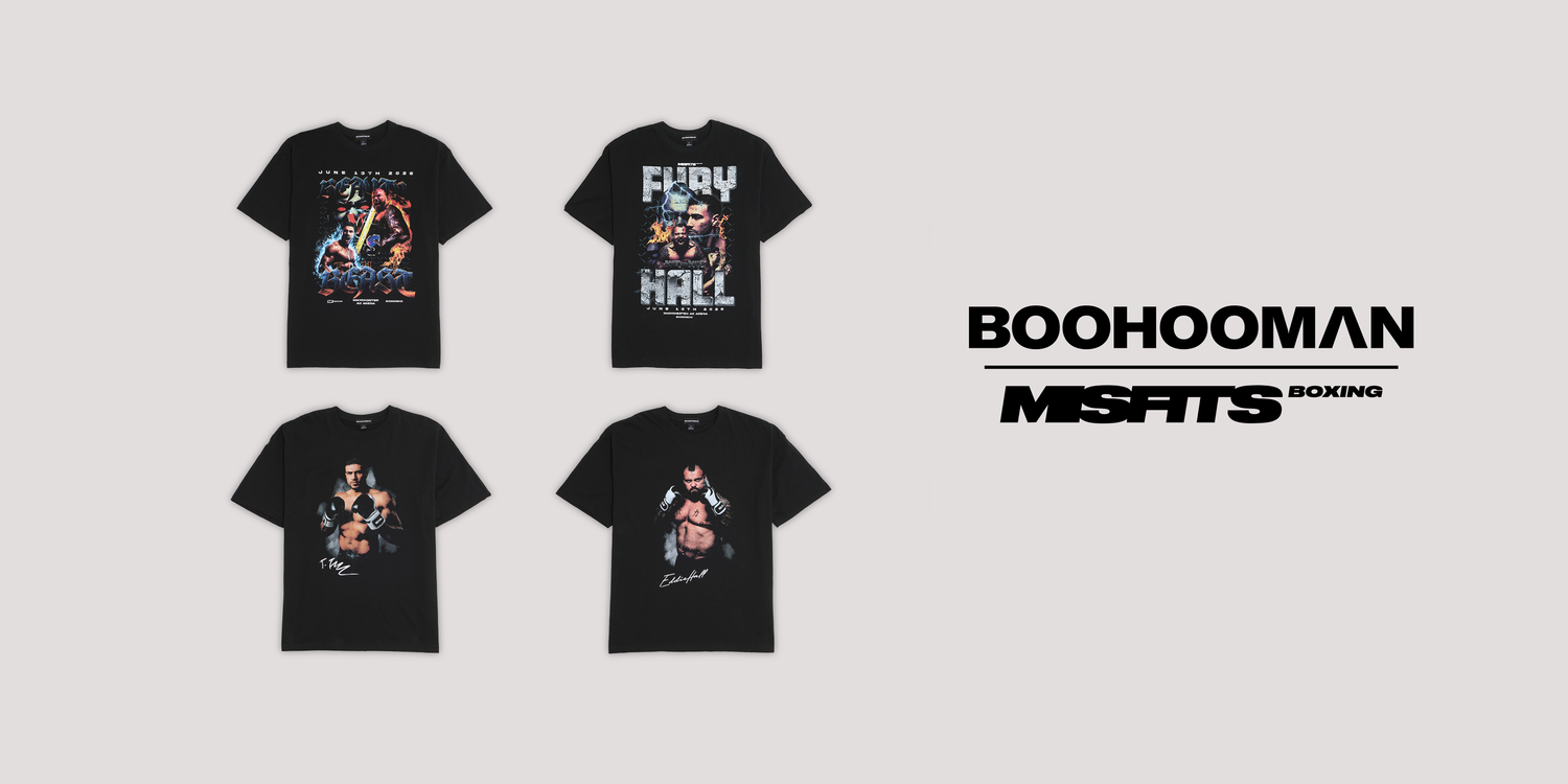 Four black t-shirts with graphic designs on a white background, featuring the brand 'BoohooMan'.